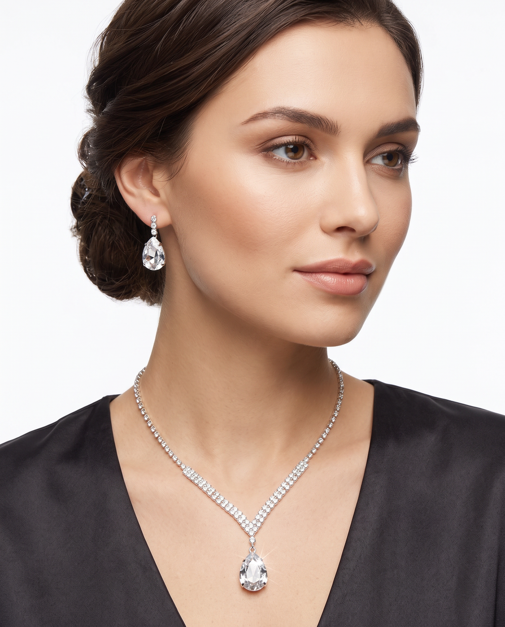 Women's Silver Crystal Teardrop Necklace & Earrings Set UK | PHANTAZ
