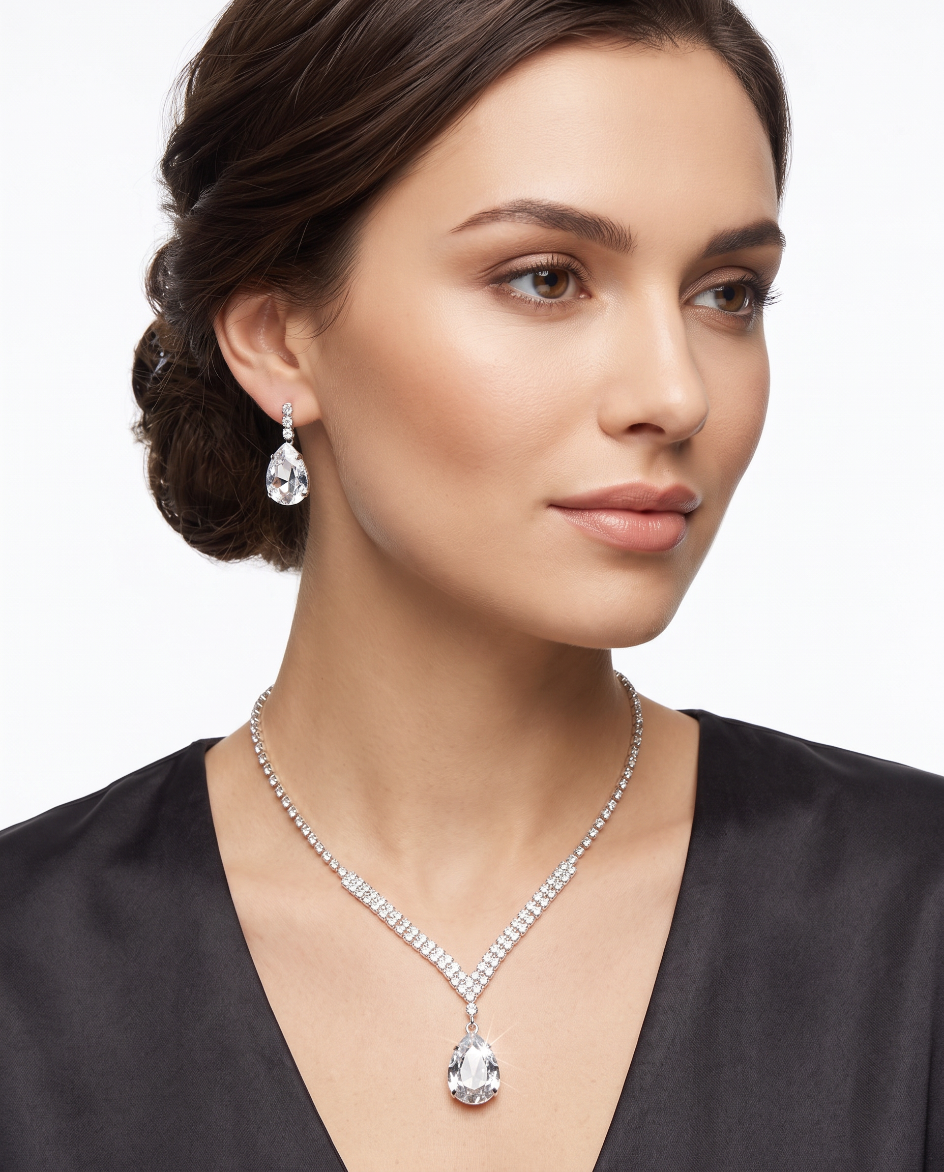 Women's Silver Crystal Teardrop Necklace & Earrings Set UK | PHANTAZ