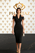 Women's Black Off-Shoulder Wrap Midi Dress Elegant Evening UK | PHANTAZ
