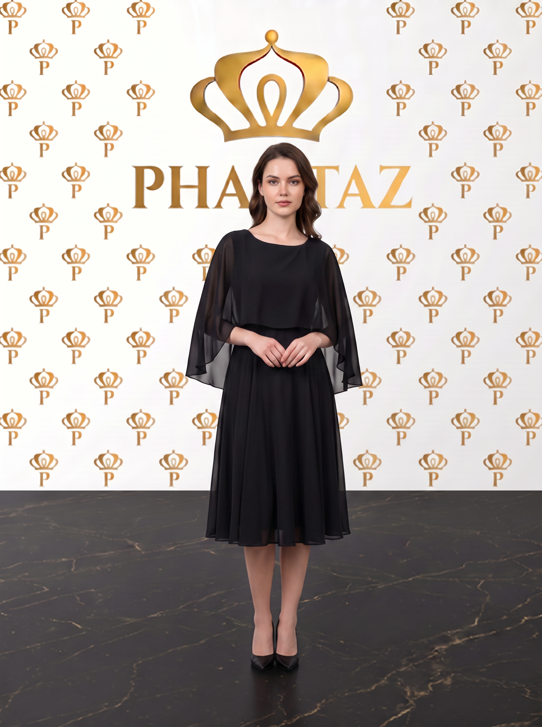 Women's Black Cape Sleeve Midi Dress Chiffon Overlay Cocktail Party UK | PHANTAZ