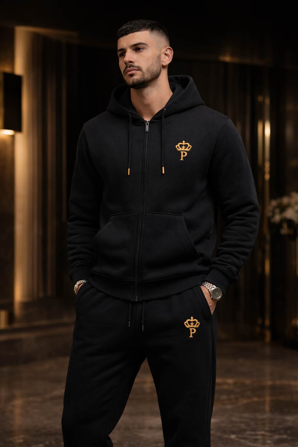 Men's Black Full Zip Hoodie Tracksuit Set Luxury UK | PHANTAZ