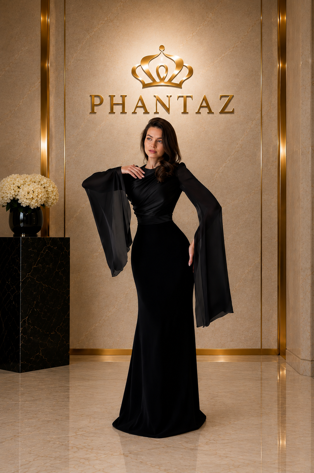 Women’s Elegant Black Batwing Sleeve Maxi Dress | PHANTAZ