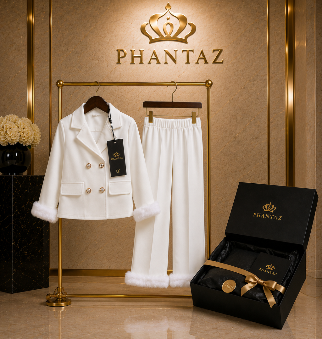 Girls White Faux Fur Trim 2-Piece Trouser Set – PHANTAZ