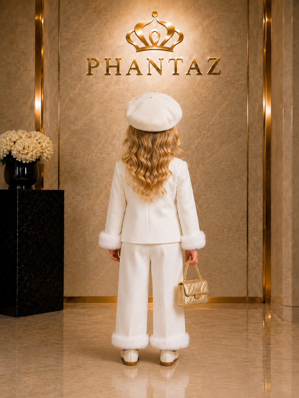 Girls White Faux Fur Trim 2-Piece Trouser Set – PHANTAZ
