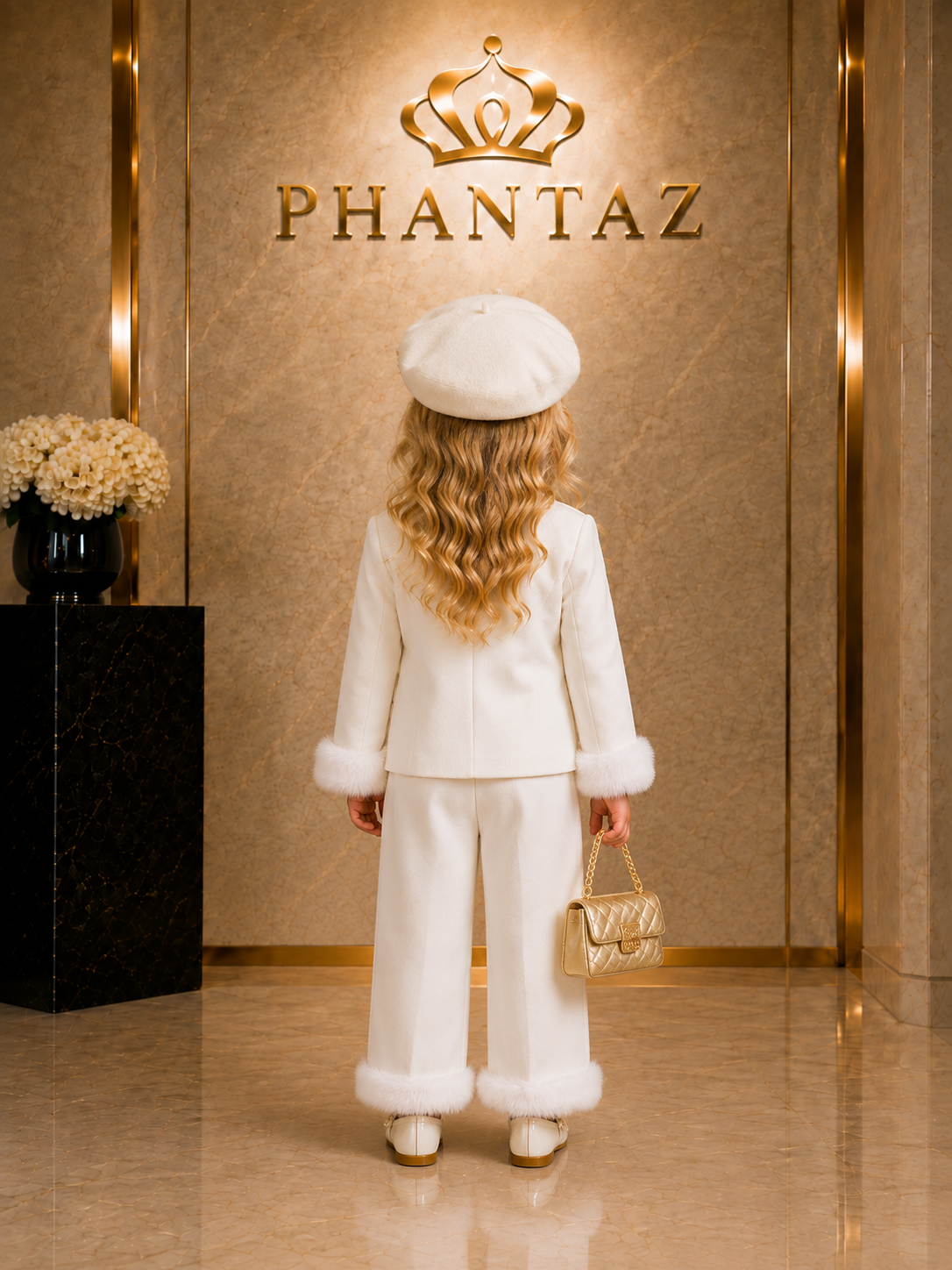 Girls White Faux Fur Trim 2-Piece Trouser Set – PHANTAZ