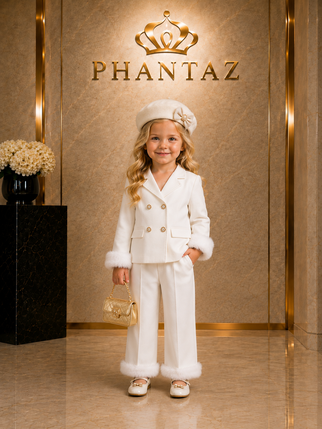 Girls White Faux Fur Trim 2-Piece Trouser Set – PHANTAZ
