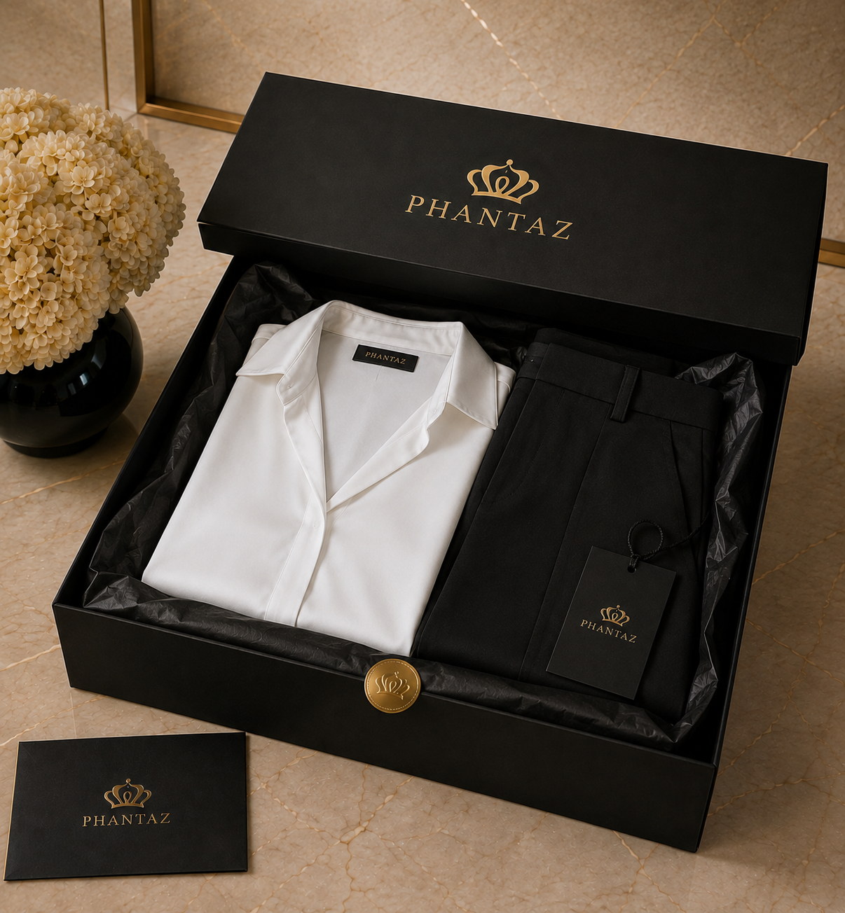 Women's White Satin Shirt & Black Tailored Trouser Set – PHANTAZ