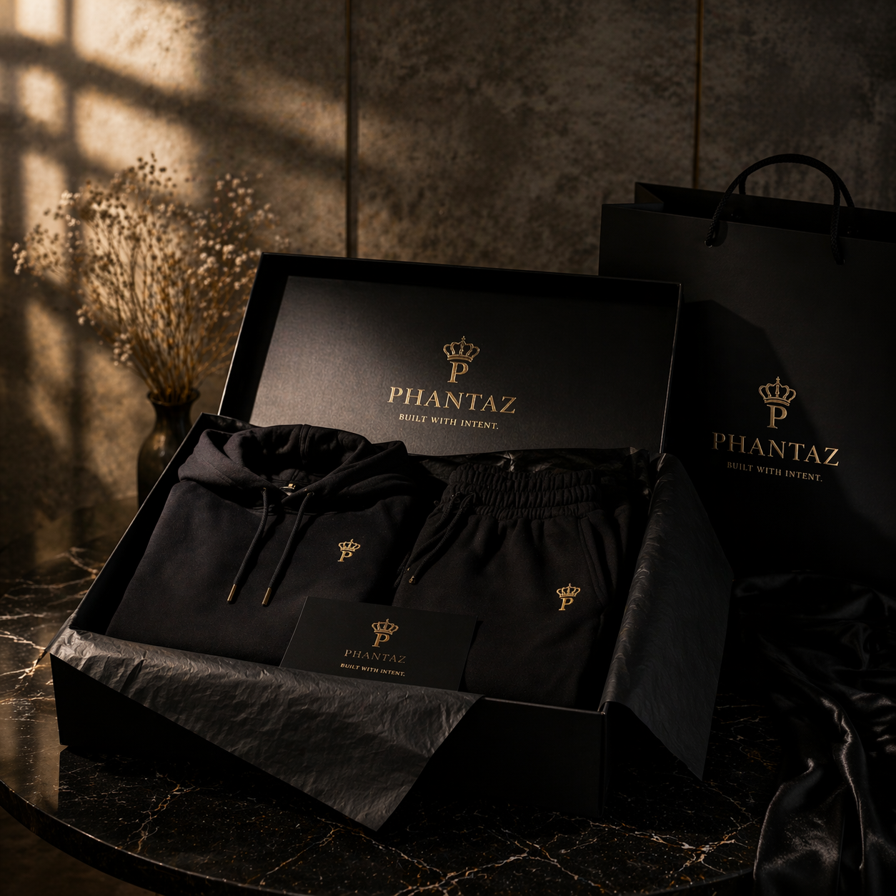 Men's Black Full Zip Hoodie Tracksuit Set Luxury UK | PHANTAZ