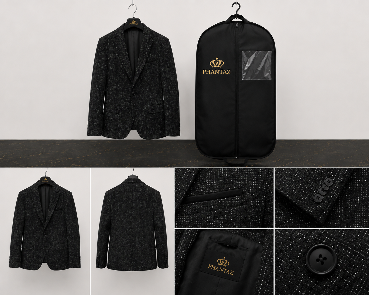 Noir Textured Slim Fit Blazer | PHANTAZ