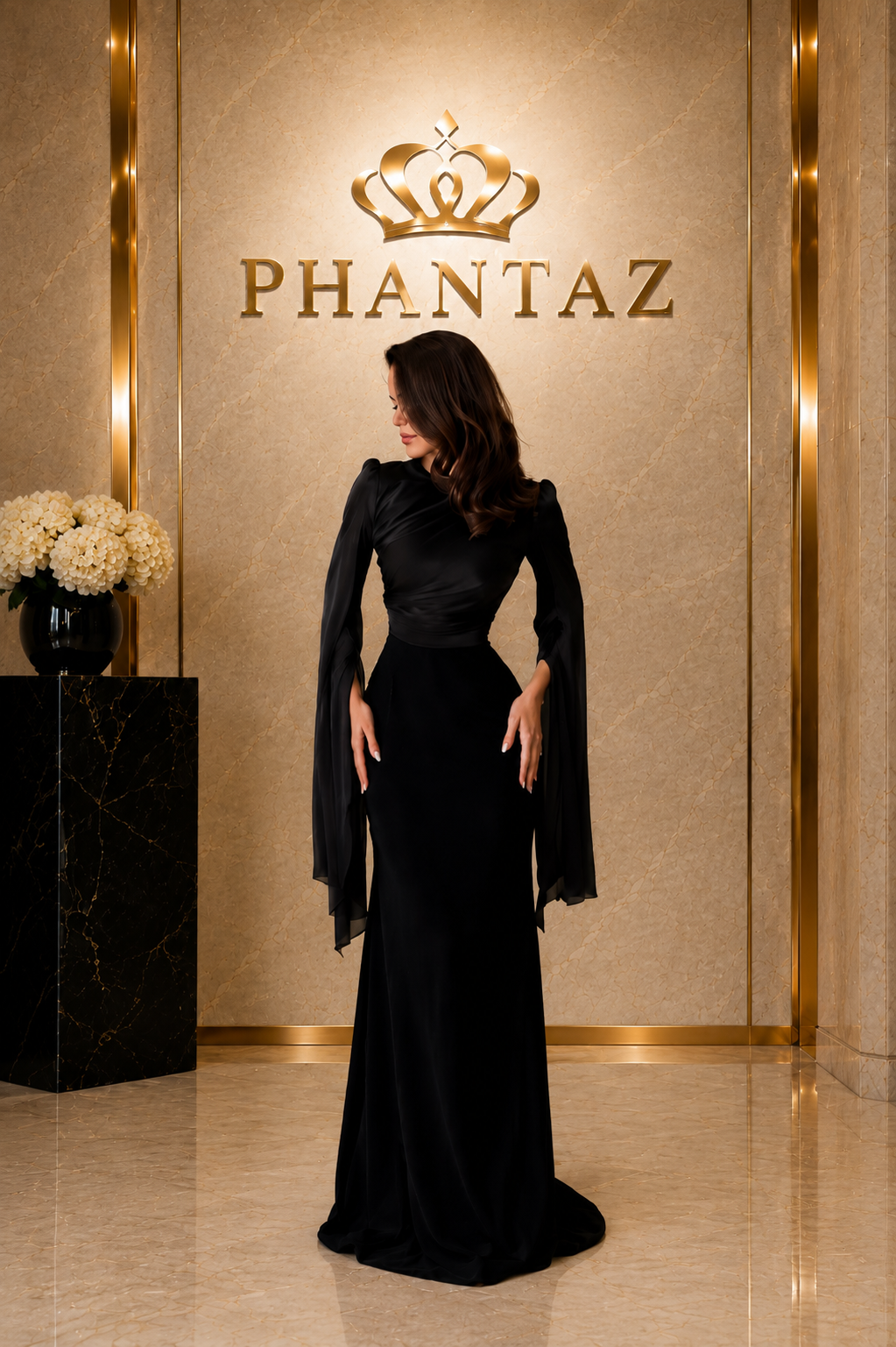Women’s Elegant Black Batwing Sleeve Maxi Dress | PHANTAZ