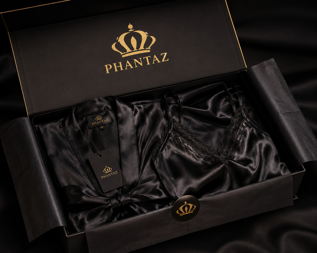 Women's Black Satin Cami & Robe Nightwear Set | PHANTAZ