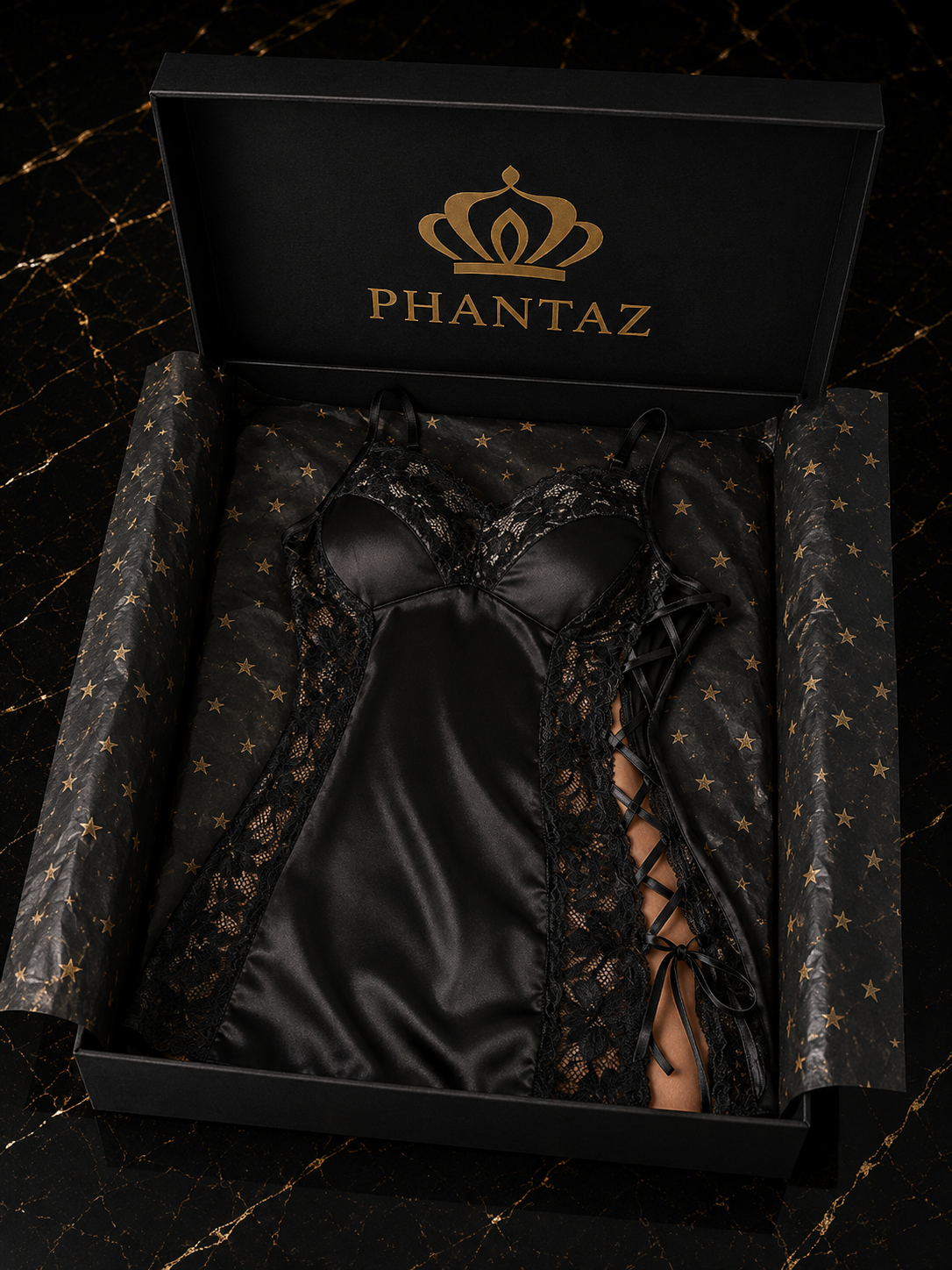 Women's Black Satin Lace Nightdress | PHANTAZ