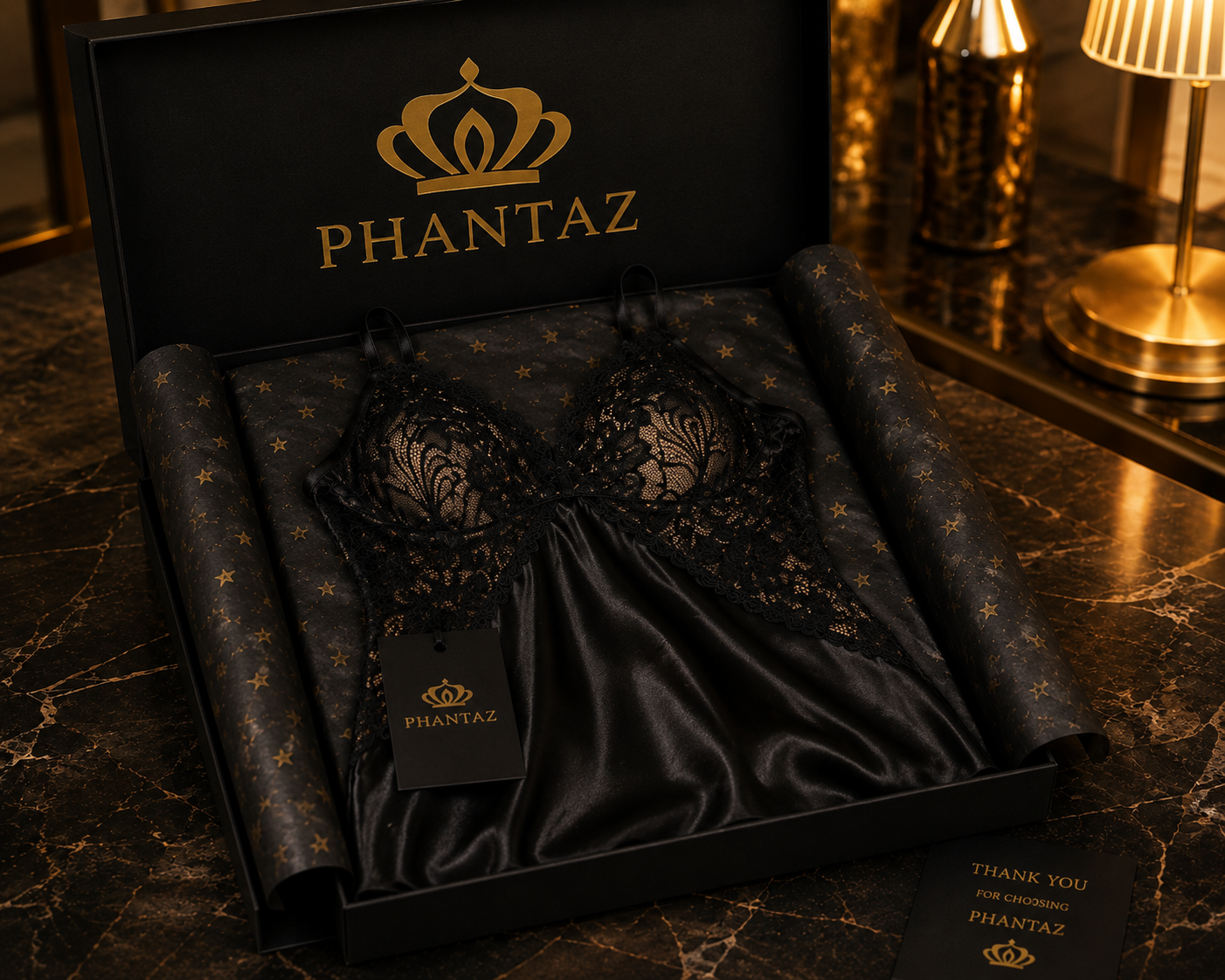 Women's Black Satin Lace Chemise Nightdress | PHANTAZ