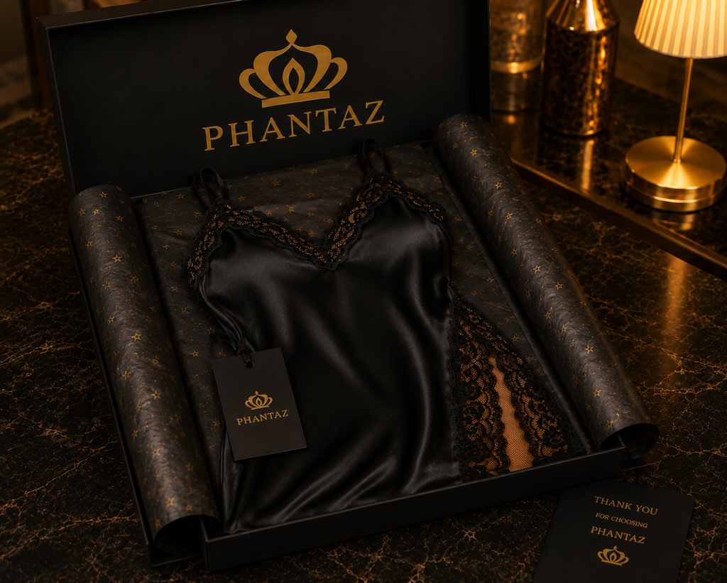 Women's Black Satin Lace Nightdress | PHANTAZ