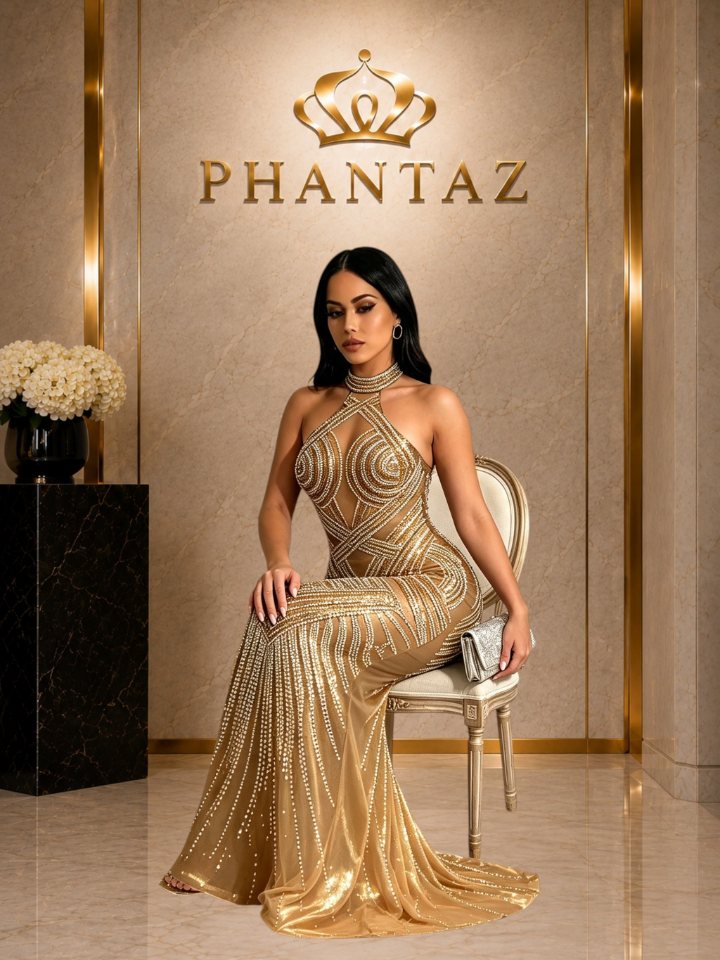 PHANTAZ Embellished Halter Neck Maxi Dress