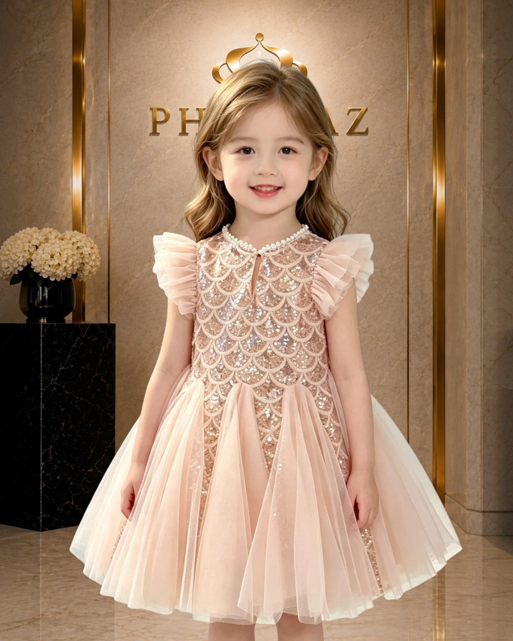 PHANTAZ Girls Pink Lace Tulle Princess Occasion Dress