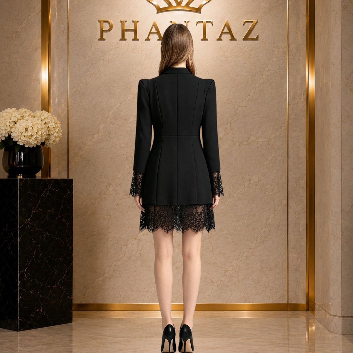 PHANTAZ Black Lace Trim Dress