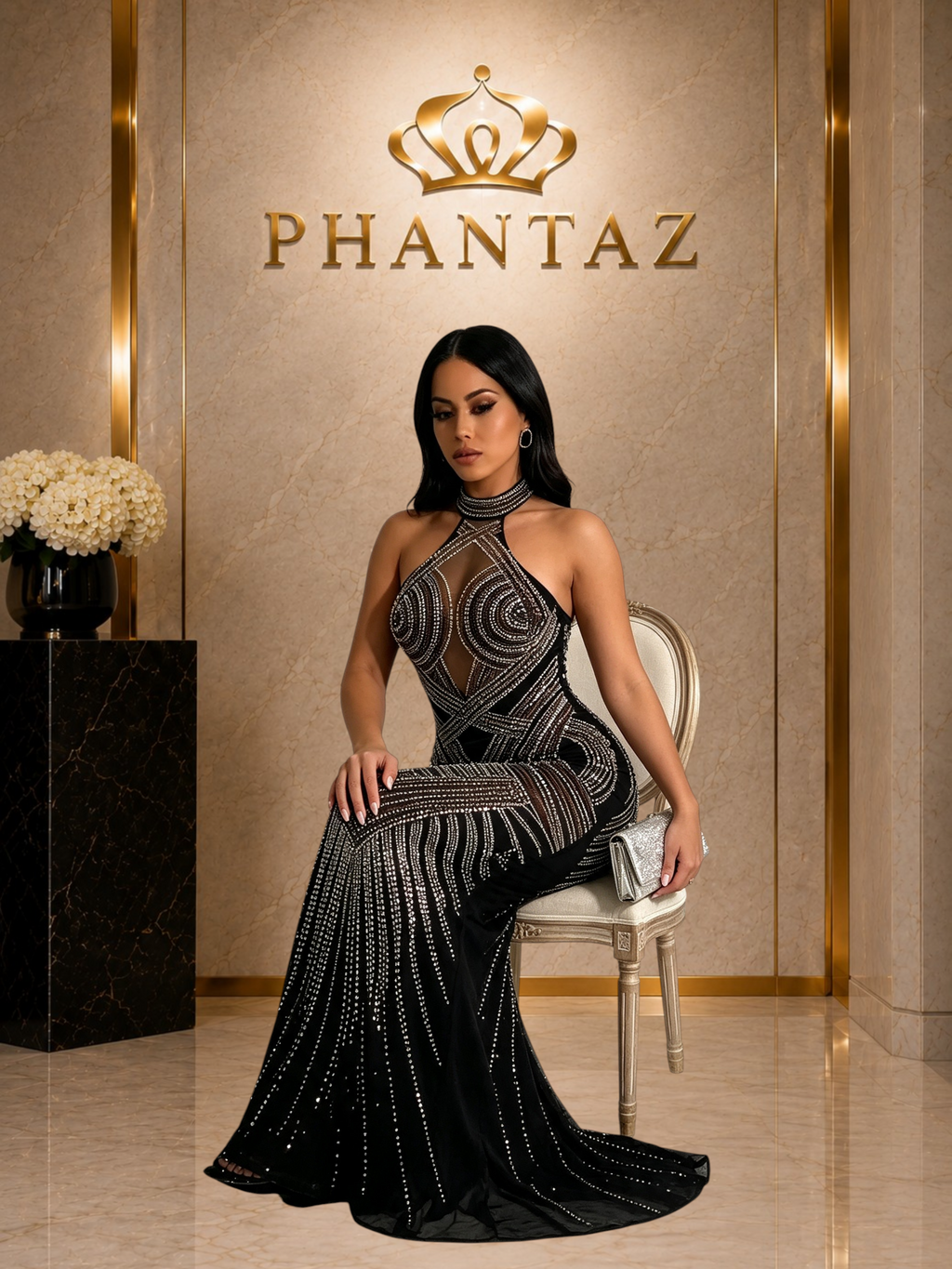 PHANTAZ Embellished Halter Neck Maxi Dress