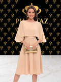 Women's Champagne Cape Sleeve Midi Dress Chiffon Overlay Cocktail UK | PHANTAZ