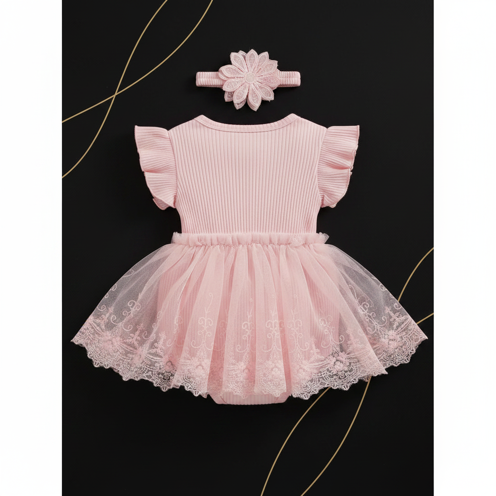 Baby girl romper back view with headband