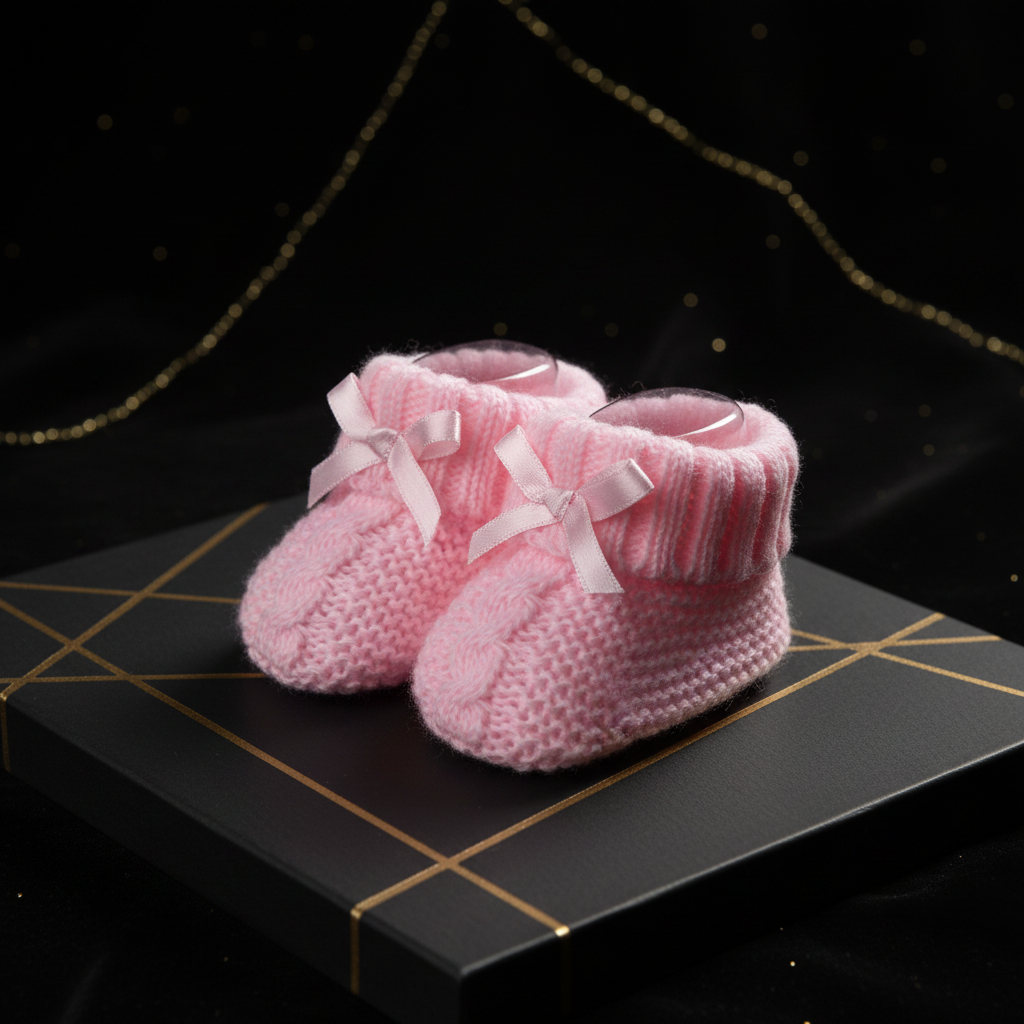 Pink knitted baby booties with satin ribbon bow