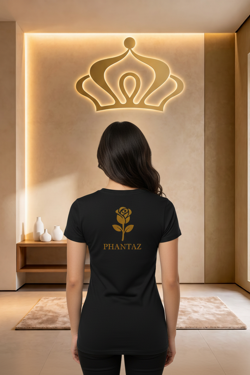 PHANTAZ Rose Tee back view with gold rose design